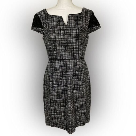 Donna Morgan Black White Crosshatch Sweetheart Neck Eyelet SS Dress Size 8 - Picture 1 of 12